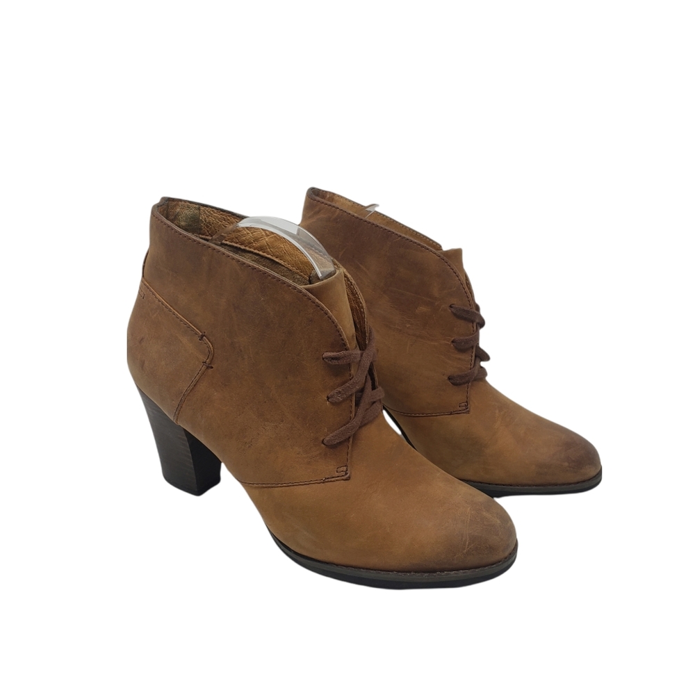 Clarks Brown‎ Tan Leather Heeled Ankle Booties Size 9.5 Lace Up